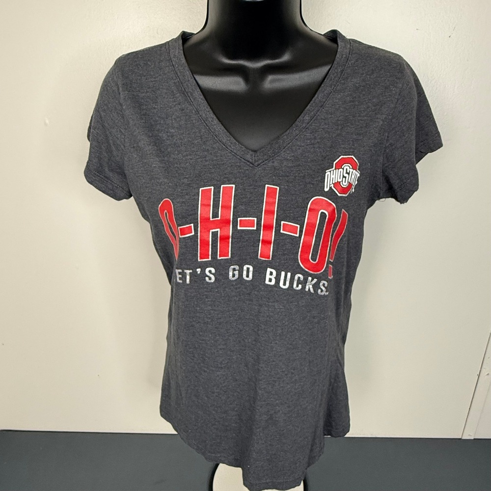 Ohio State T-Shirt Womens Small O-H-I-O Let's Go Bucks V-Neck Charcoal Heather